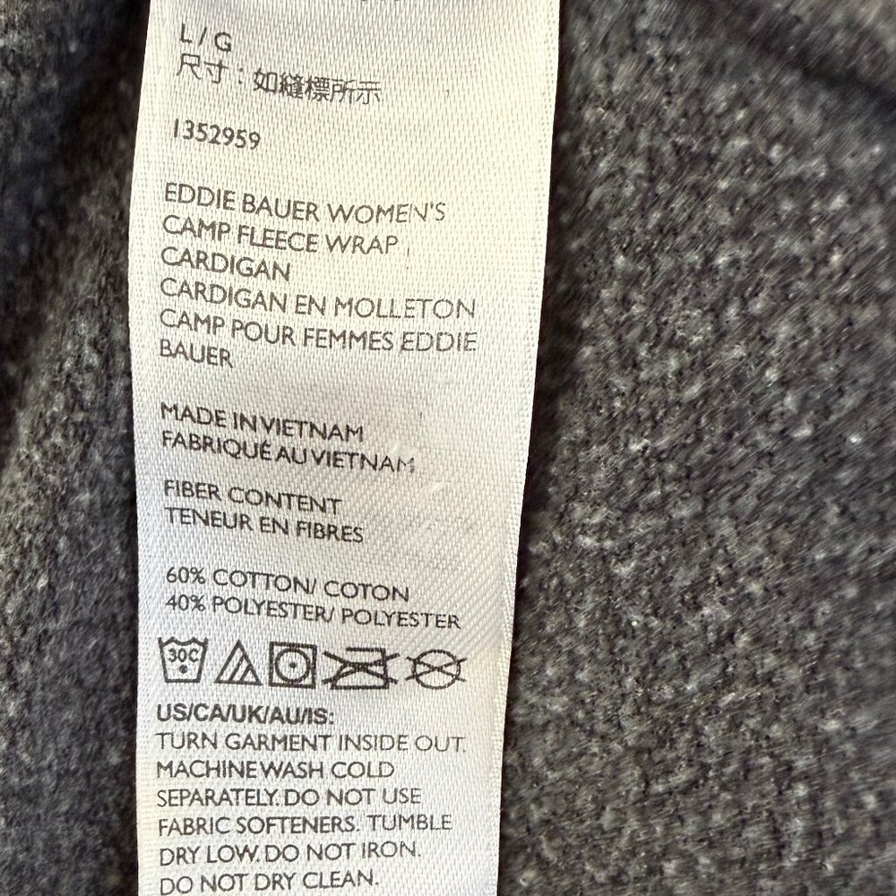 Eddie Bauer Camp Fleece Wrap Cardigan Gray Sz L Relaxed Cozy Layering Cabincore‎ - Picture 7 of 8